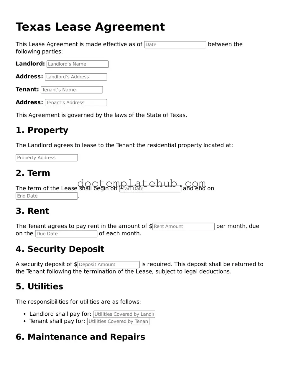 Fillable Lease Agreement Template for Texas State