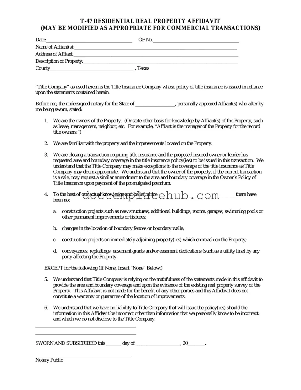 Fill Your Texas residential property affidavit T-47 Form