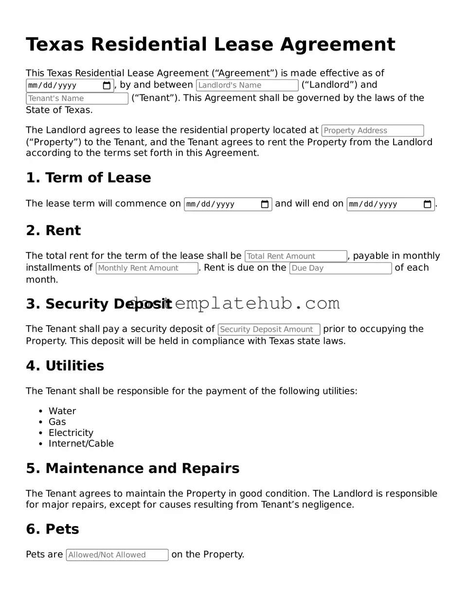 Fillable Residential Lease Agreement Template for Texas State