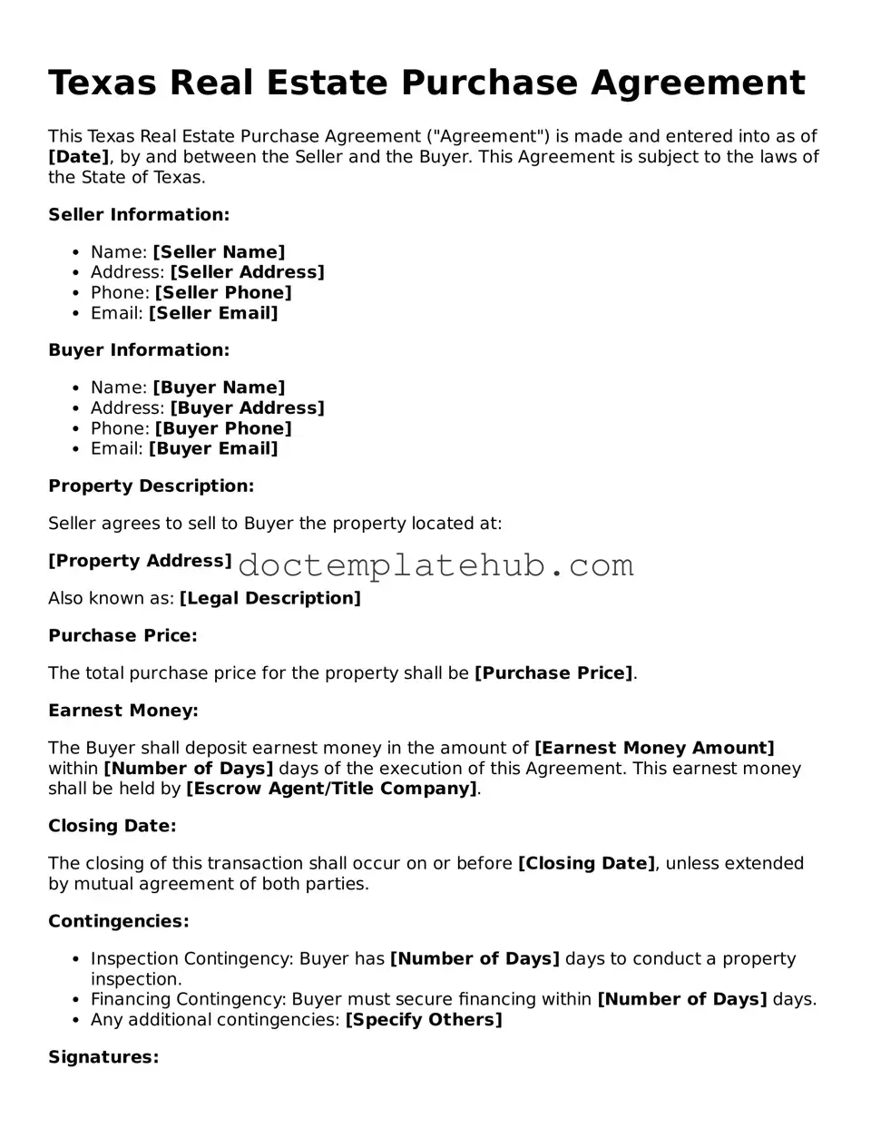 Fillable Real Estate Purchase Agreement Template for Texas State