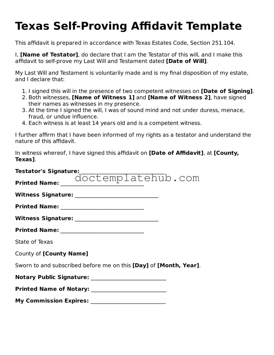 Fillable Self-Proving Affidavit Template for Texas State