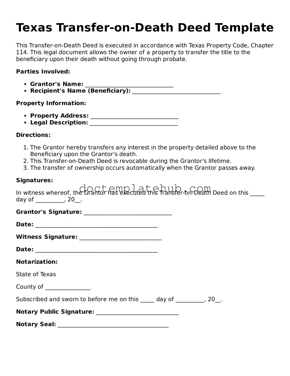 Fillable Transfer-on-Death Deed Template for Texas State