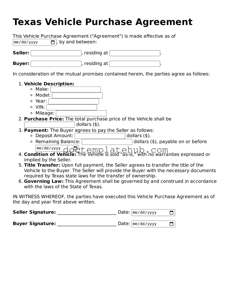 Fillable Vehicle Purchase Agreement Template for Texas State