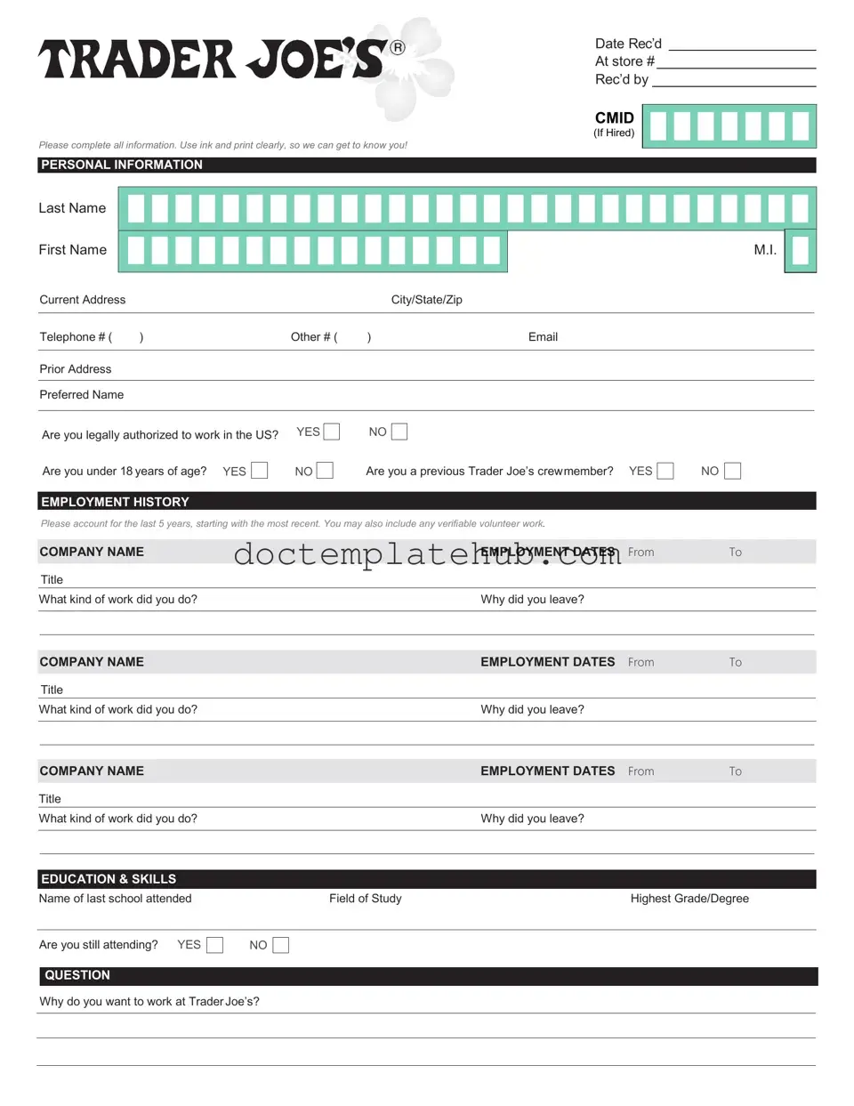 Fill Your Trader Joe's application Form