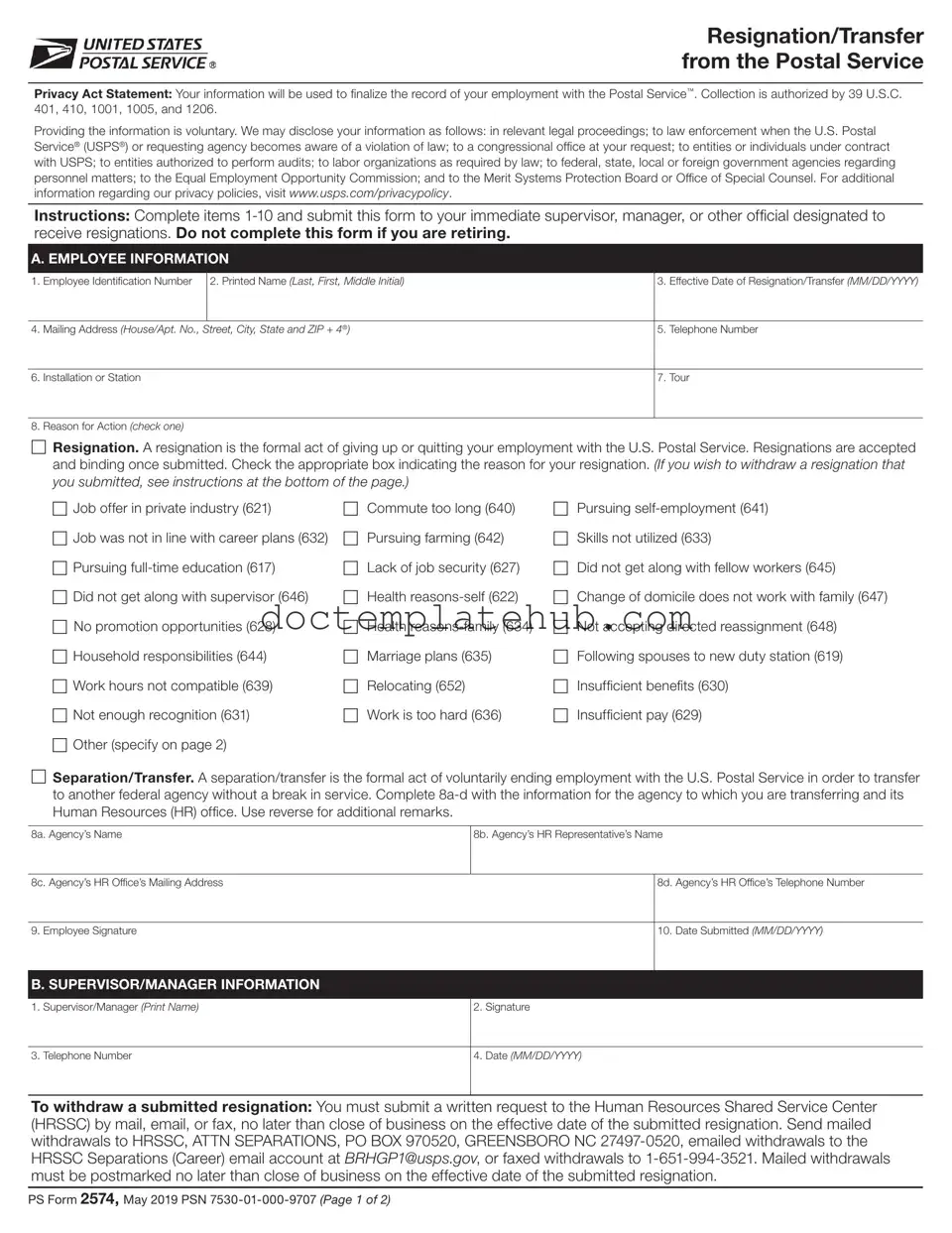Fill Your Usps Resignation Form